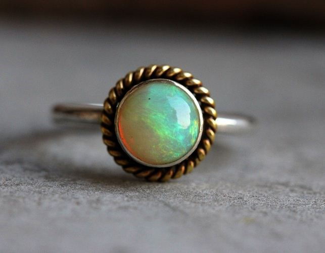 Dual tone 18k gold silver ring, Natural Genuine Opal Ring