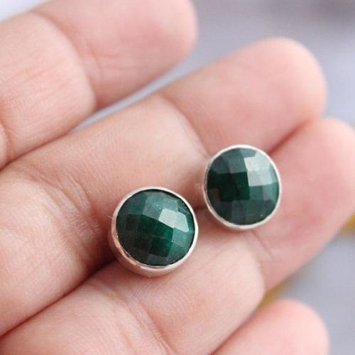 Emerald earrings, Gemstone stud earrings, Genuine emerald silver stud