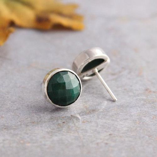 Emerald earrings, Gemstone stud earrings, Genuine emerald silver stud