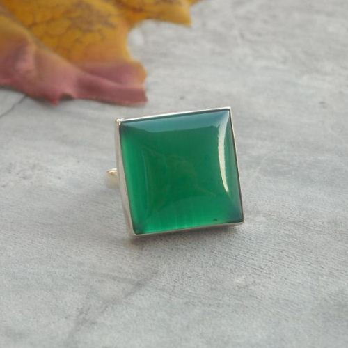 Emerald green ring, Square gemstone green chalcedony silver ring
