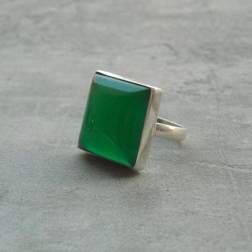 Emerald green ring, Square gemstone green chalcedony silver ring
