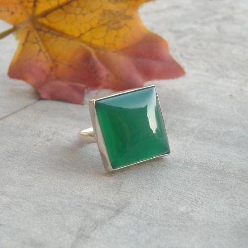 Emerald green ring, Square gemstone green chalcedony silver ring
