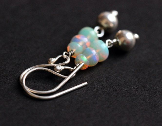 Genuine opal earrings, Handmade opal bead silver dangle earrings