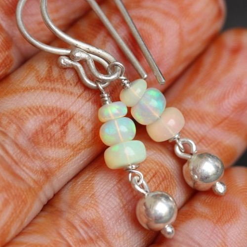 Genuine opal earrings, Handmade opal bead silver dangle earrings