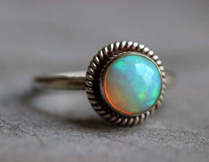 Genuine opal round birthstone silver