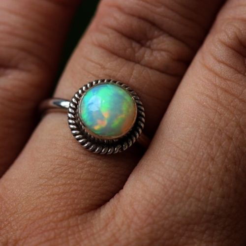 Genuine opal round birthstone silver ring, October birthstone gift