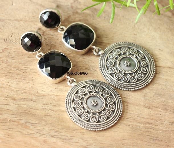 Ethnic artisan jewelry earrings, Black Onyx silver earrings