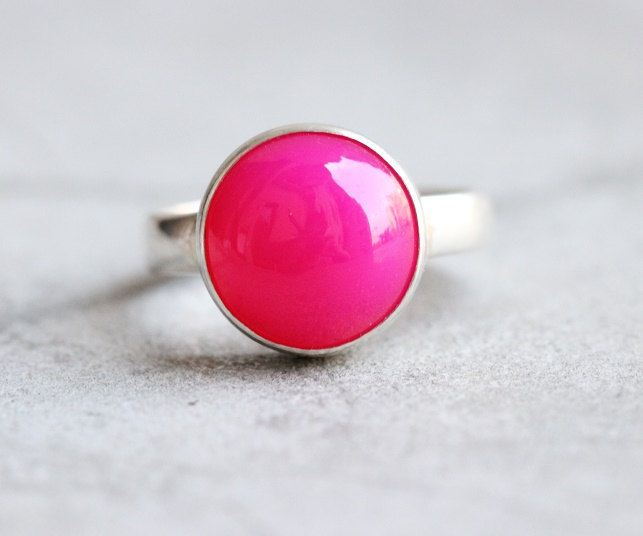 Fuschia Pink ring, Pink chalcedony round gemstone silver ring