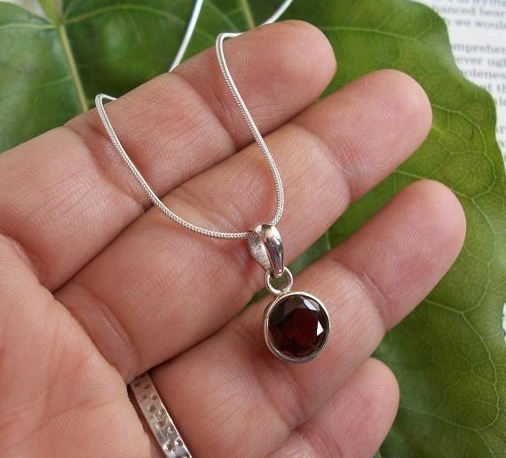 Sterling silver Garnet pendant chain, Red pendant, January birthstone