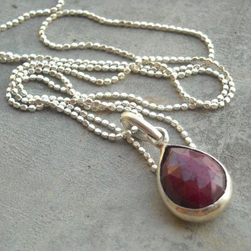Genuine red ruby pendant chain - silver tear drop pendant necklace