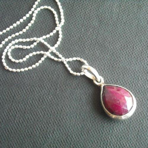 Genuine red ruby pendant chain - silver tear drop pendant necklace