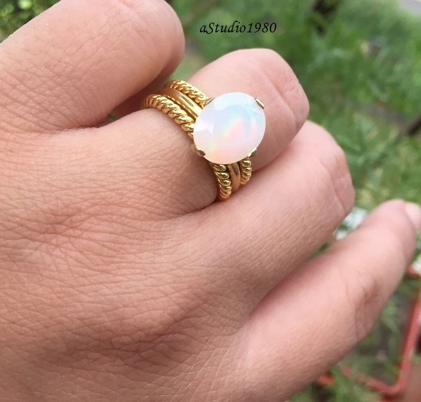 Gold Opal wedding ring for her 18k yellow gold stack rings
