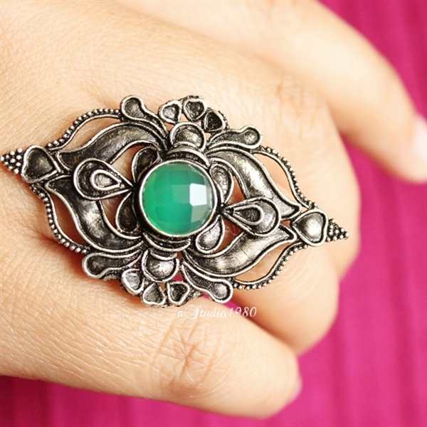 Green onyx Ring - Statement silver ring - Celestial Green ring - 