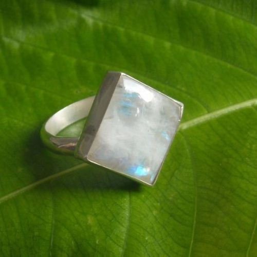 Handmade artisan rainbow moonstone ring, Square shape cute silver ring