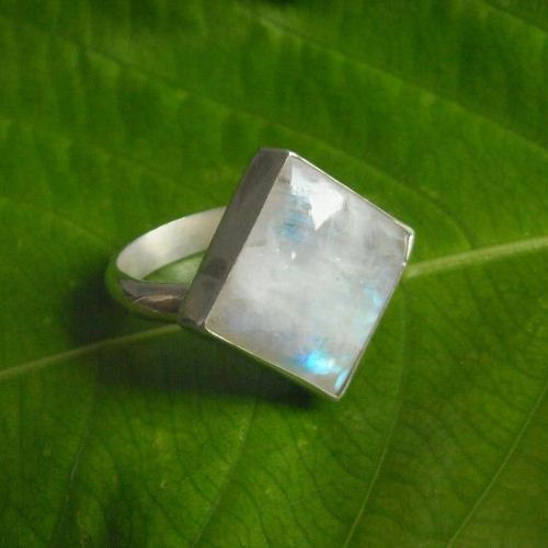 Handmade artisan rainbow moonstone ring, Square shape cute silver ring