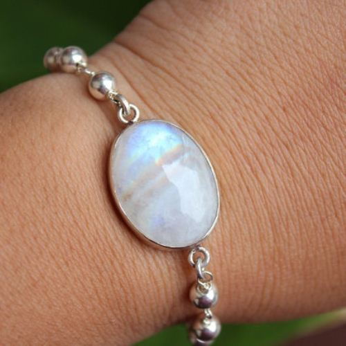 Handmade rainbow moonstone bracelet, Genuine gemstone silver bracelet