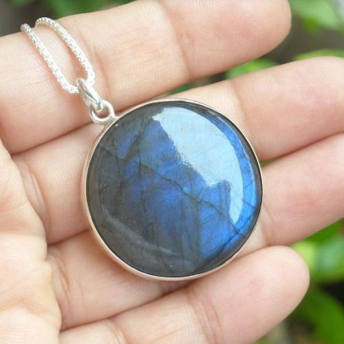 Labradorite silver pendant chain, Labradorite large round pendant