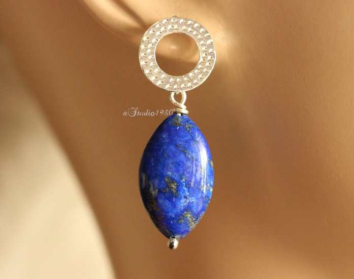 Lapis lazuli earrings, Lapis earrings, Blue gemstone silver earrings