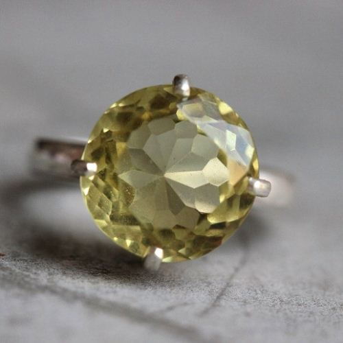 Lemon quartz ring, Natural gemstone ring, Round silver ring