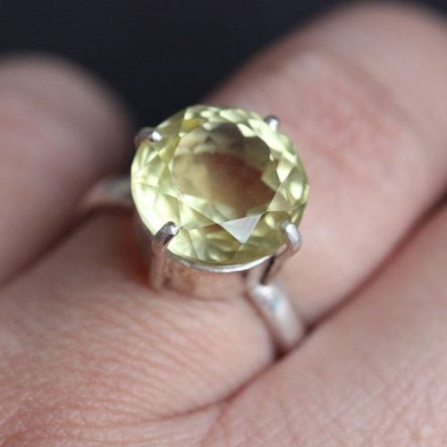 Lemon quartz ring, Natural gemstone ring, Round silver ring