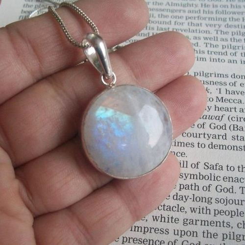 Rainbow moonstone pendant necklace chain, Round silver pendant