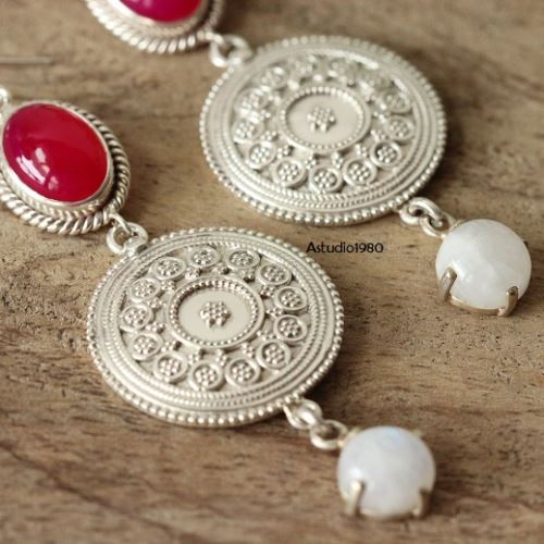 Pink Moonstone chalcedony ethnic artisan silver earrings