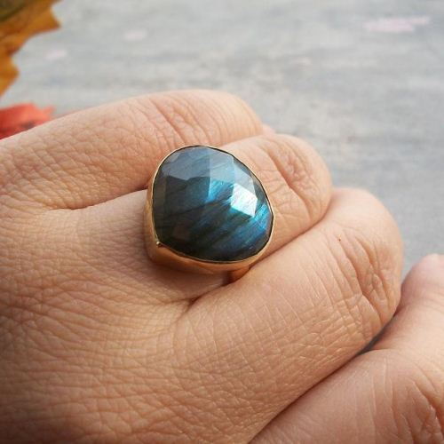 Natural Labradorite Ring - Gold Labradorite ring - Blue heart ring