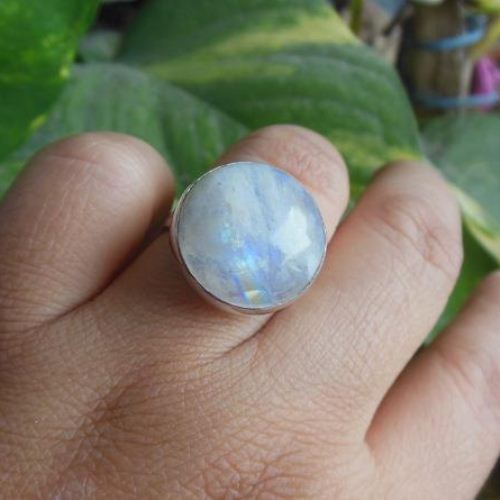 Natural Moonstone Ring, Round ring, Silver cabochon ring
