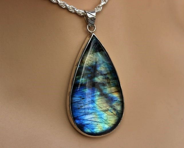 Natural labradorite pendant necklace, Statement silver pendant chain