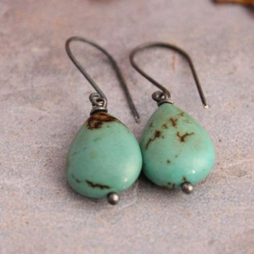 Natural turquoise hook earrings - oxidized silver dangle earrings