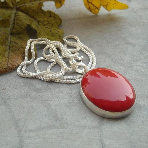 Oval red coral pendant chain jewelry - 925 sterling silver necklace