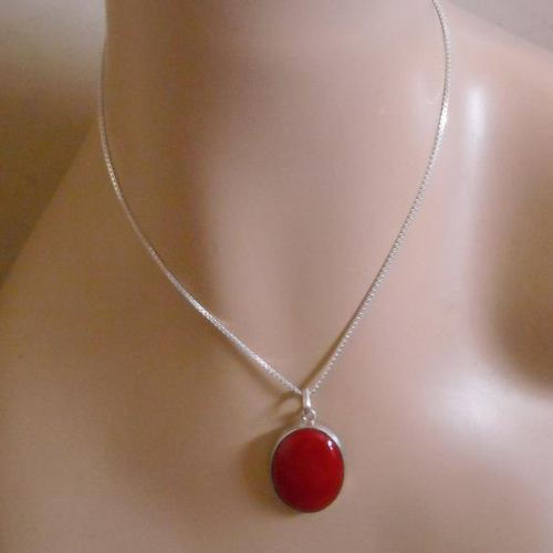 Oval red coral pendant chain jewelry - 925 sterling silver necklace
