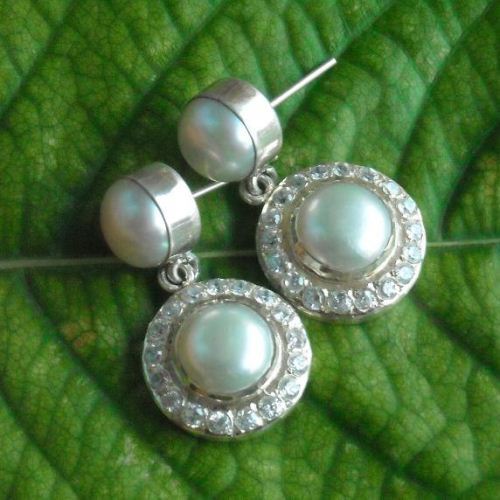 Pearl and cz earrings, Bridal pearl silver cz earrings
