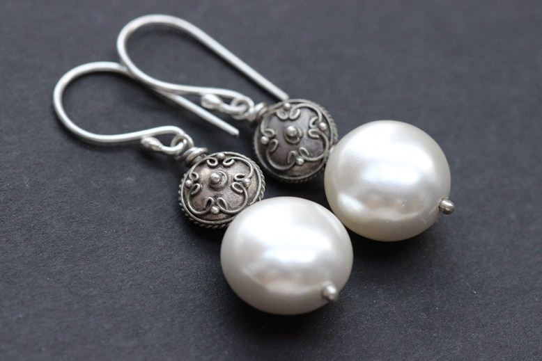Pearl earrings, Dangler earrings, Artisan pearl silver bridal jewelry