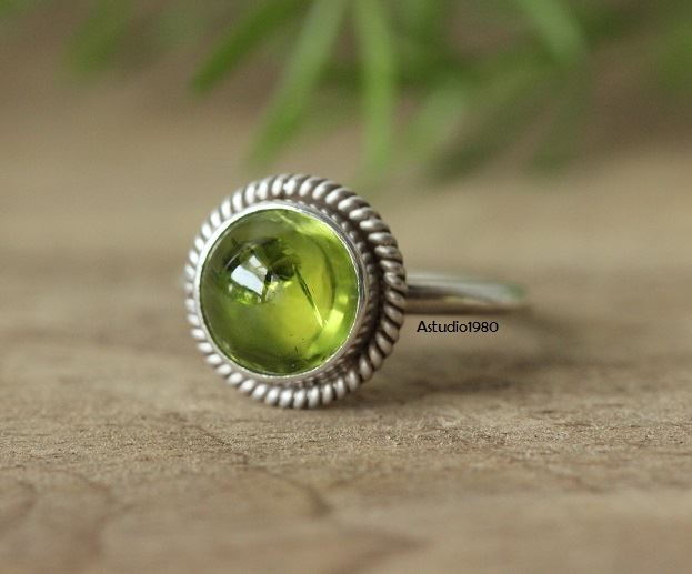 Peridot ring, Olive green ring, August birthstone silver ring