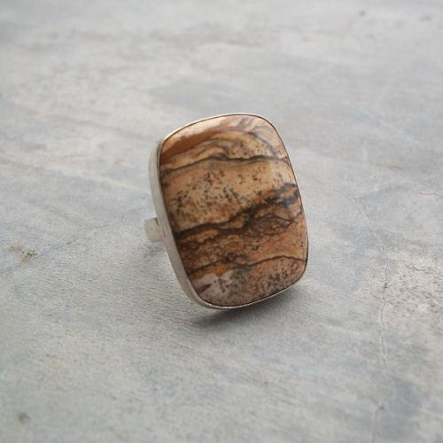 Picture jasper ring - Large stone ring - 925 Silver cabochon ring