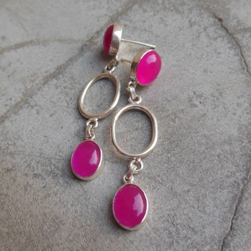 Pink earrings, Chalcedony earrings, Dangler post silver earrings
