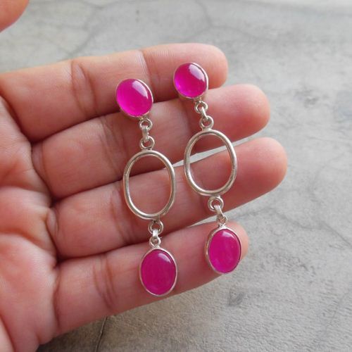 Pink earrings, Chalcedony earrings, Dangler post silver earrings