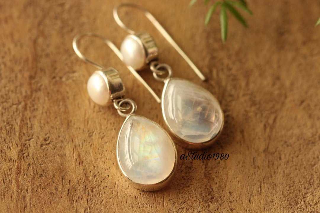 Rainbow Moonstone pearl gemstone earrings sterling silver