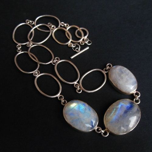 Rainbow moonstone statement necklace, Artisan silver jewelry