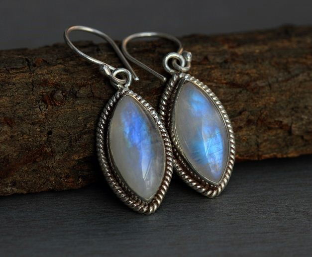Rainbow moonstone earrings, Artisan dangler silver earrings 