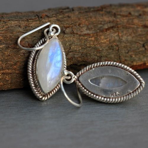 Rainbow moonstone earrings, Artisan dangler silver earrings 