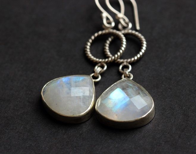 Rainbow moonstone earrings, Silver earrings, Dangler hook earrings