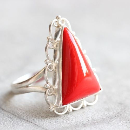 Red Coral Ring, One of a kind ring, Silver filigree ring 