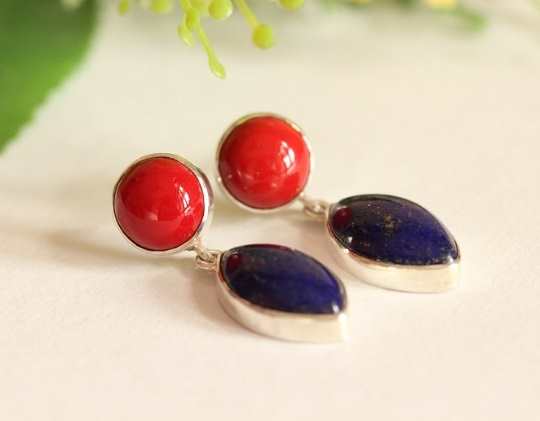 Red Coral lapis sterling silver earrings -post gemstone earrings