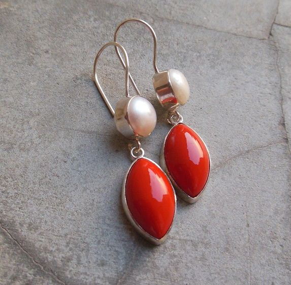 Red Coral pearl earrings, Sterling silver gemstone artisan earrings