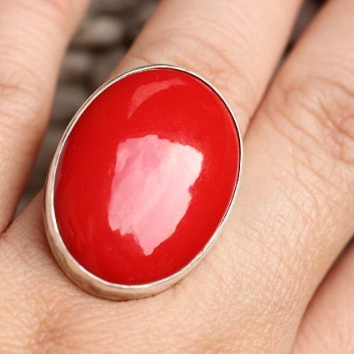 Red Coral ring, Oval ring, Bold silver red stone ring