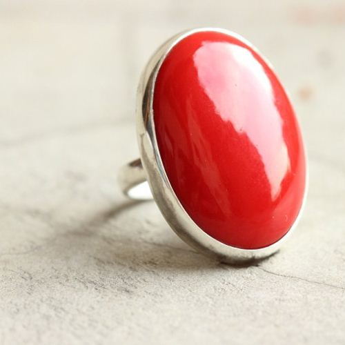 Red Coral ring, Oval ring, Bold silver red stone ring
