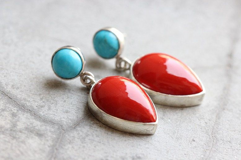 Red Coral turquoise earrings Artisan