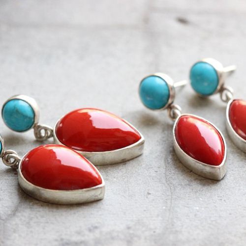 Red Coral turquoise earrings, Artisan silver earrings